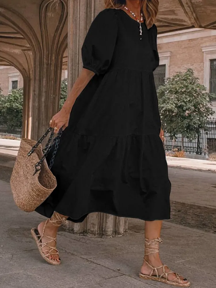 VONDA Women Summer Midi Dress Ladies Sexy Lantern Sleeve Beach Sundress 2022 Fashion Ruffled Casual Solid Bohemian Vestidos Robe
