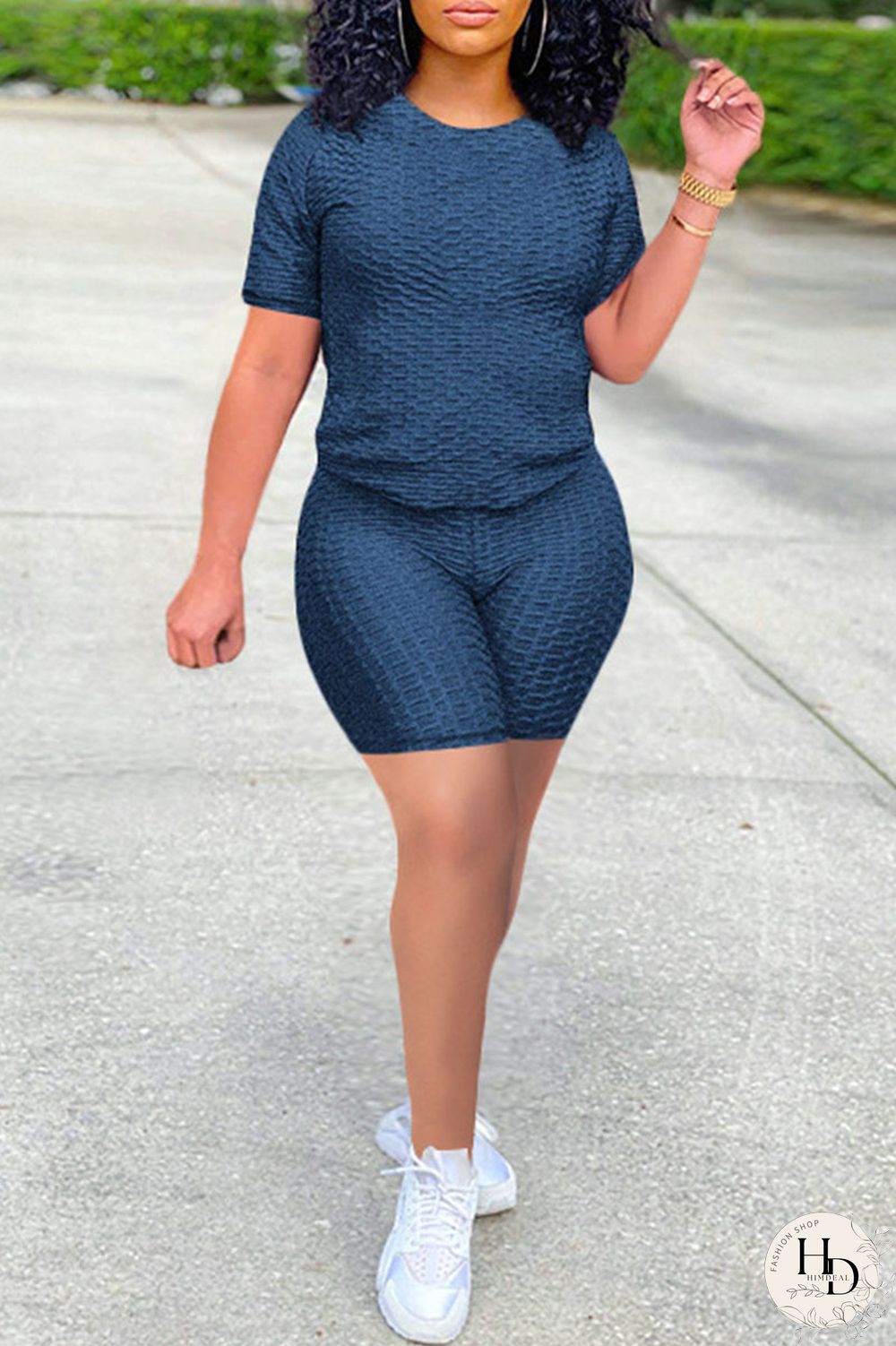 Navy Blue Casual Solid Split Joint O Neck Short Sleeve Two Pieces