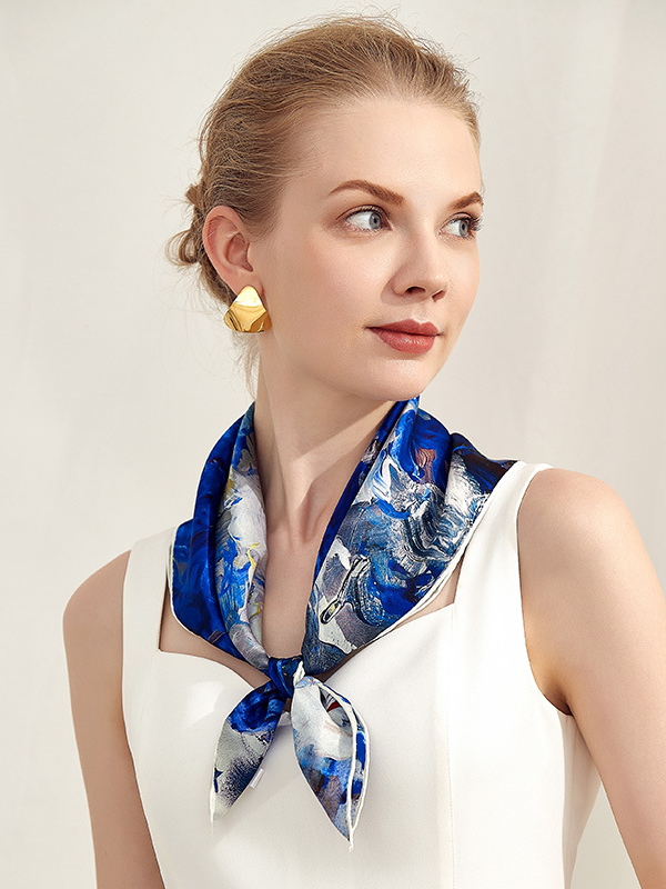  Blue Silk Scarf New Style Oil Painting Fashion Style