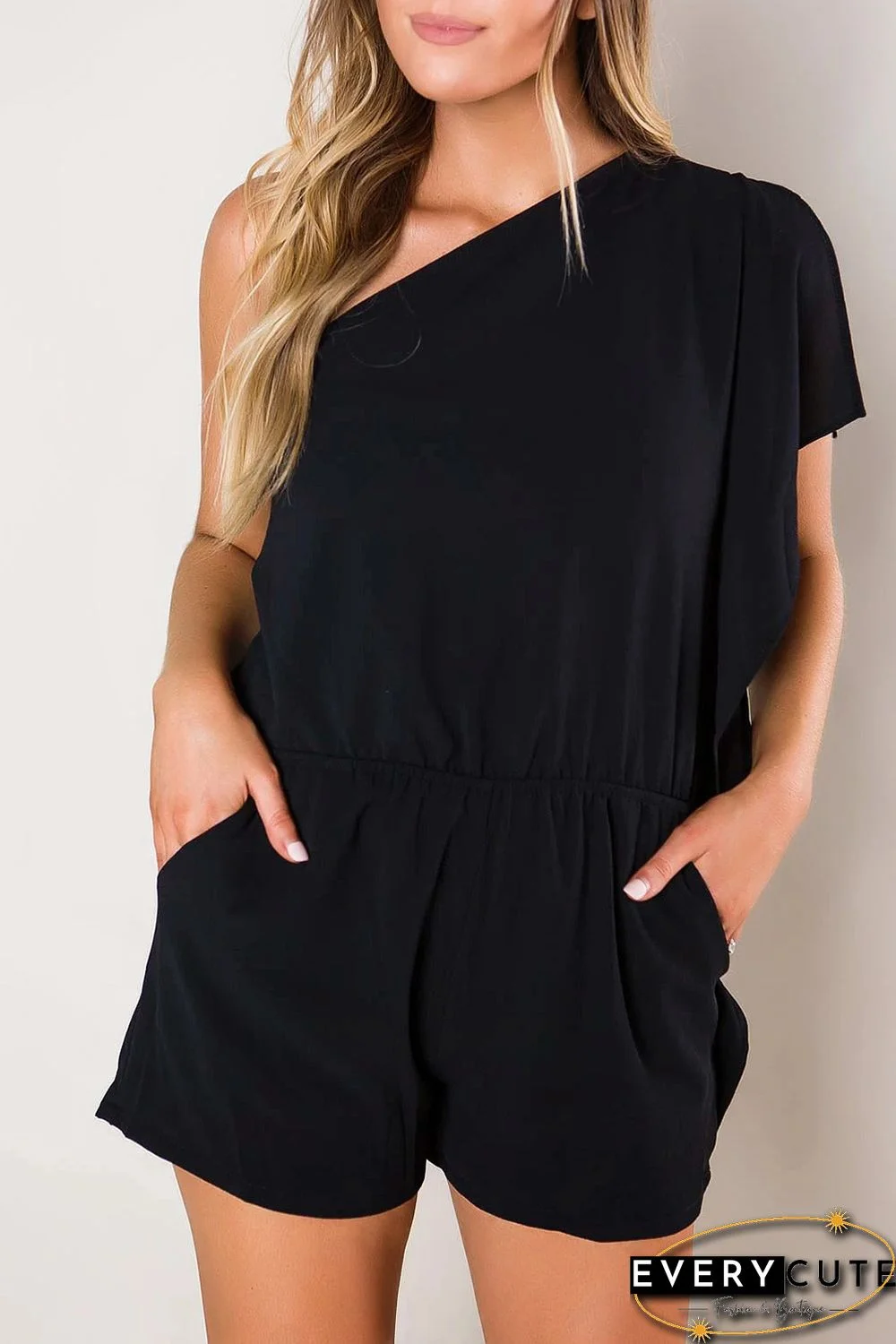 Black One-shoulder Romper with Pockets