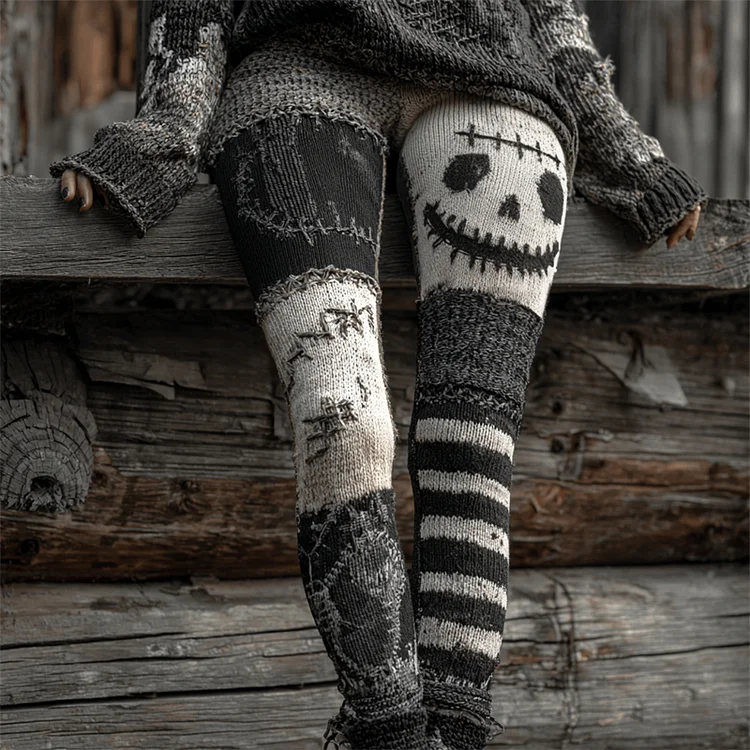 Halloween  Face Contrast Patchwork Cozy  Leggings1