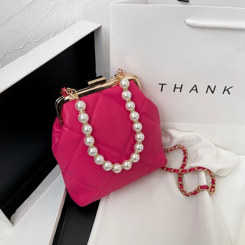 էѧӧܧ Metal frame package Design Pearl PU Leather Bag Crossbody 2021 Summer Luxury Brand Chain Shoulder Handbags Purses