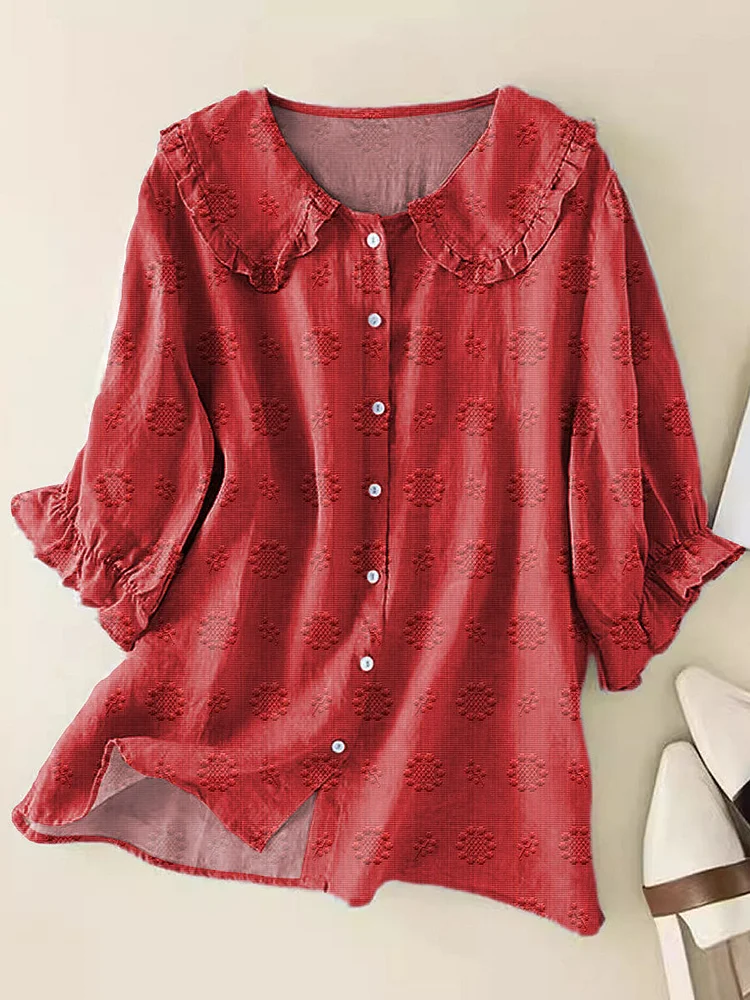 Women Vintage Lovely Floral Pattern Art Print Loose Peter Pan Collar Half Sleeve Blouses