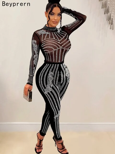 Beautiful Geometric Mesh Crystal Jumpsuits Women Rompers New Luxury See-Through Sequins Party Jumpsuits Night Out Wear