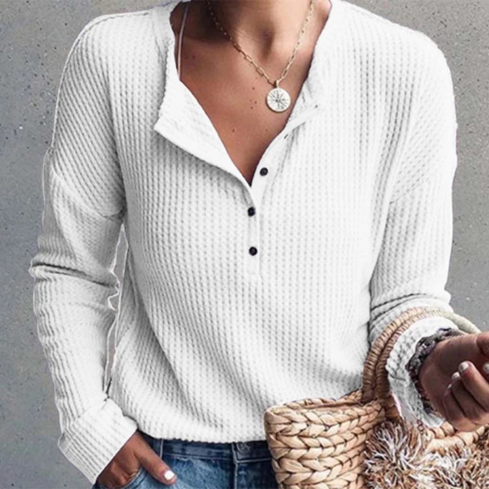 🔥40%OFF🔥New autumn and winter women's waffle single-breasted V-neck long-sleeved tops