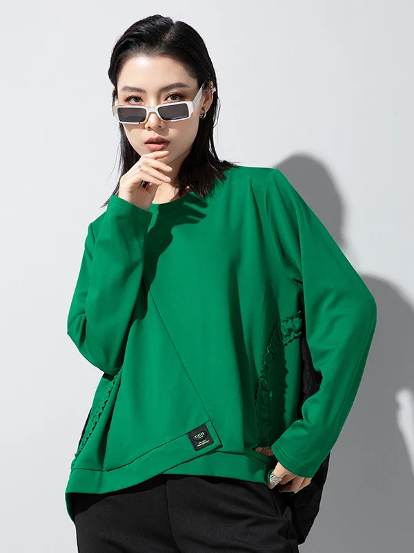 Original Long Sleeves Roomy Ruffled Pure Color Round-Neck T-Shirts Tops