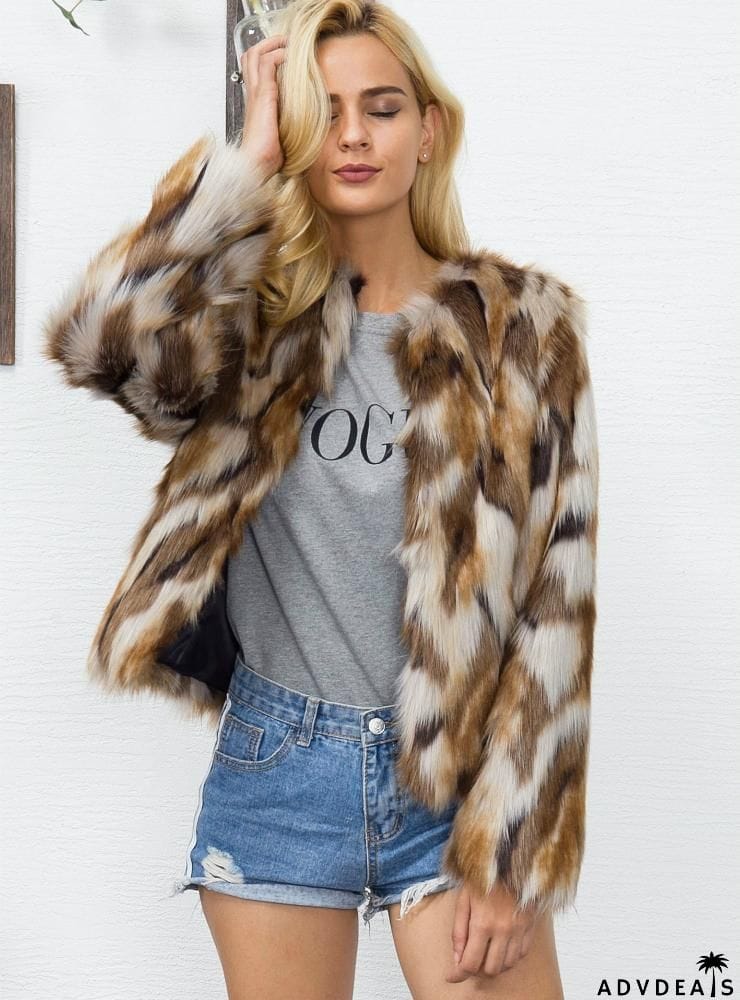 Women Fur Like Coat Women'S Mixed-Color Coat