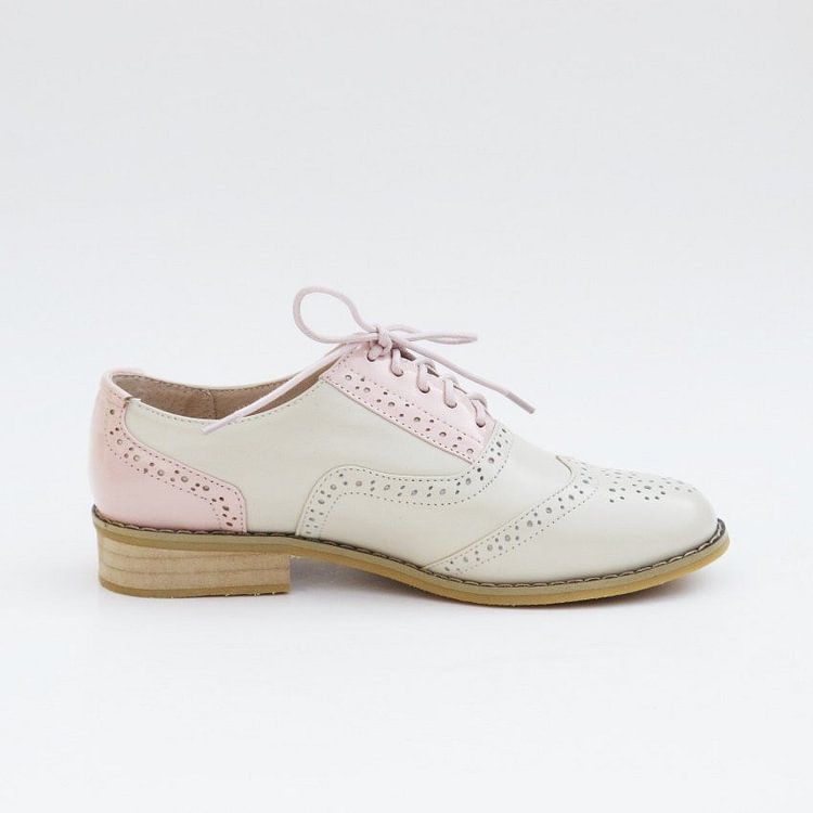 Pink and Ivory Two Tone Wingtip Shoes Lace up Flat Oxfords |FSJ Shoes