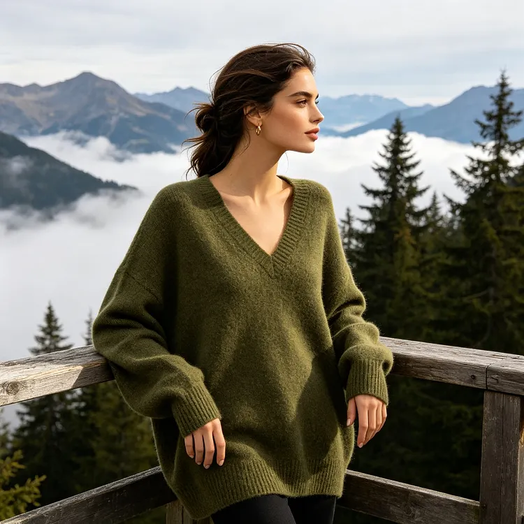 Olive V-Neck Relaxed Sweater