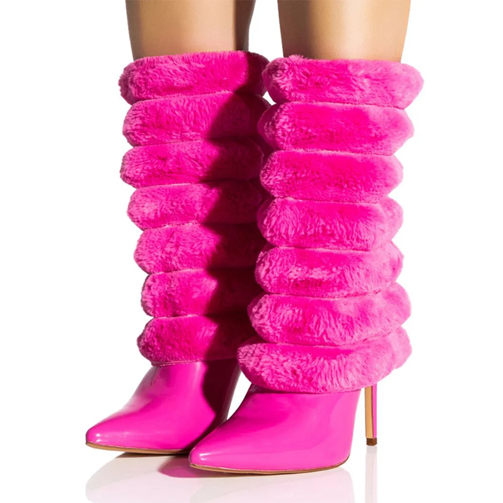 Pink Leather Furry Booties Pointed Toe Stiletto Heel Boots Nicepairs