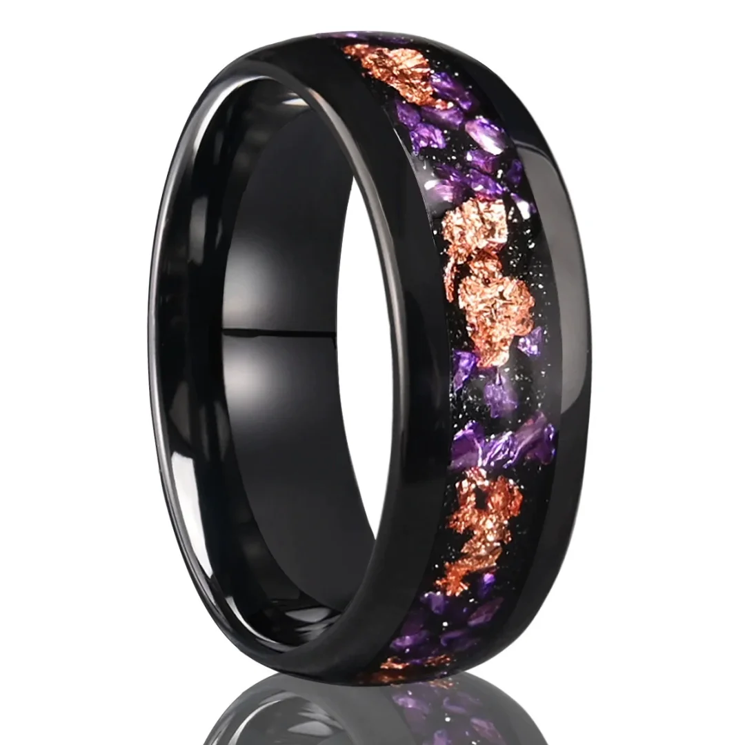 8MM Gold Foil and Amethyst Tungsten Carbide Rings Black Mens Womens Wedding Bands Comfort Fit