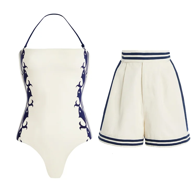 Navy Style Printed One Piece Swimsuit and Shorts