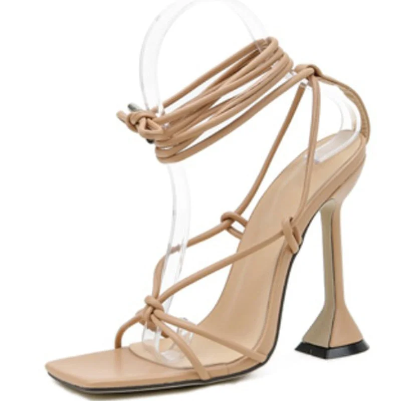 Women Sandals Summer Slides Square Toe Shoes Strange Style Ladies Ankle Strap Tie Leg Female Pumps Fashion Women's 2021 Shoe