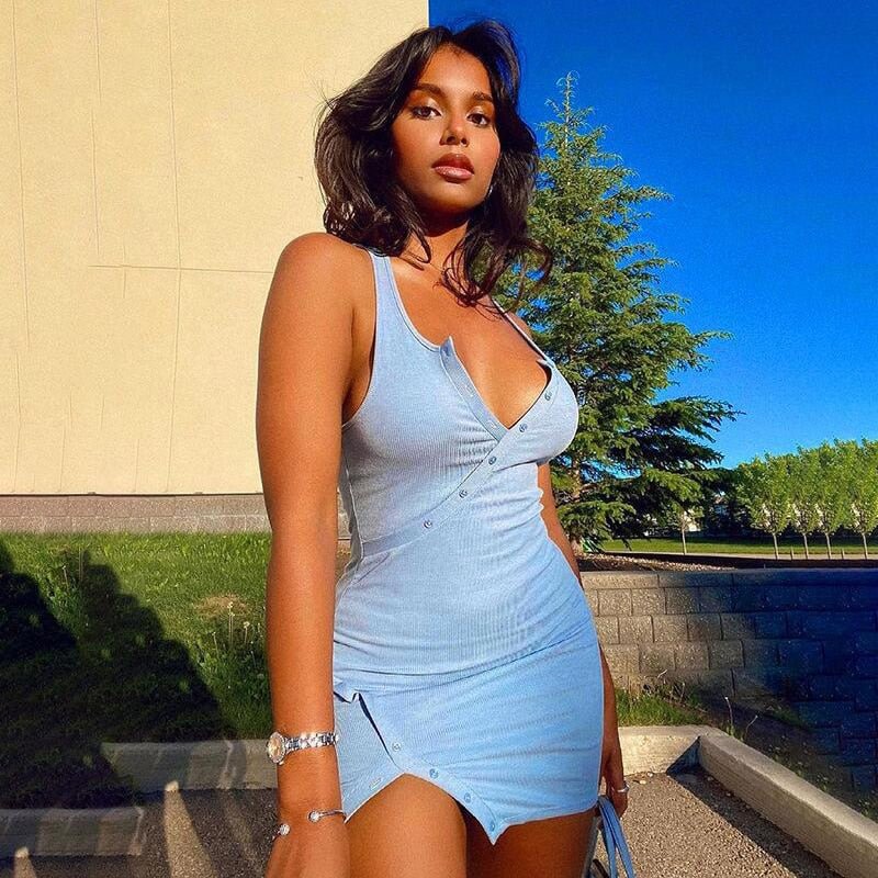 Dulzura Ribbed Women Solid Sleeveless Buttons Patchwork Mini Dress V Neck Slit Bodycon Sexy Streetwear Party Casual 2022 Summer