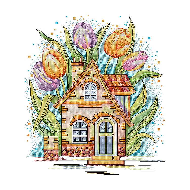 Tulip Cottage 14CT Stamped Cross Stitch (29*34CM) fgoby