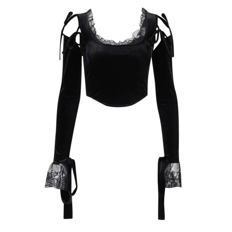 InsGoth Mall Goth Lace Black Crop Top Y2K Gothic Lace Patchwork Long Sleeve T Shirt Women Chic Aesthetic Bandage Hollow Out Tops