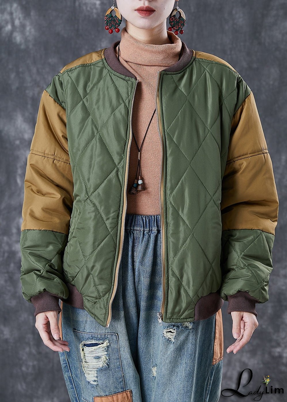 Art Army Green Zip Up Patchwork Fine Cotton Filled Parkas Winter