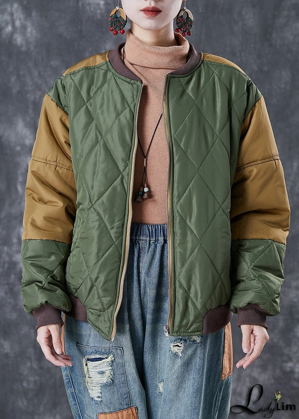 Art Army Green Zip Up Patchwork Fine Cotton Filled Parkas Winter