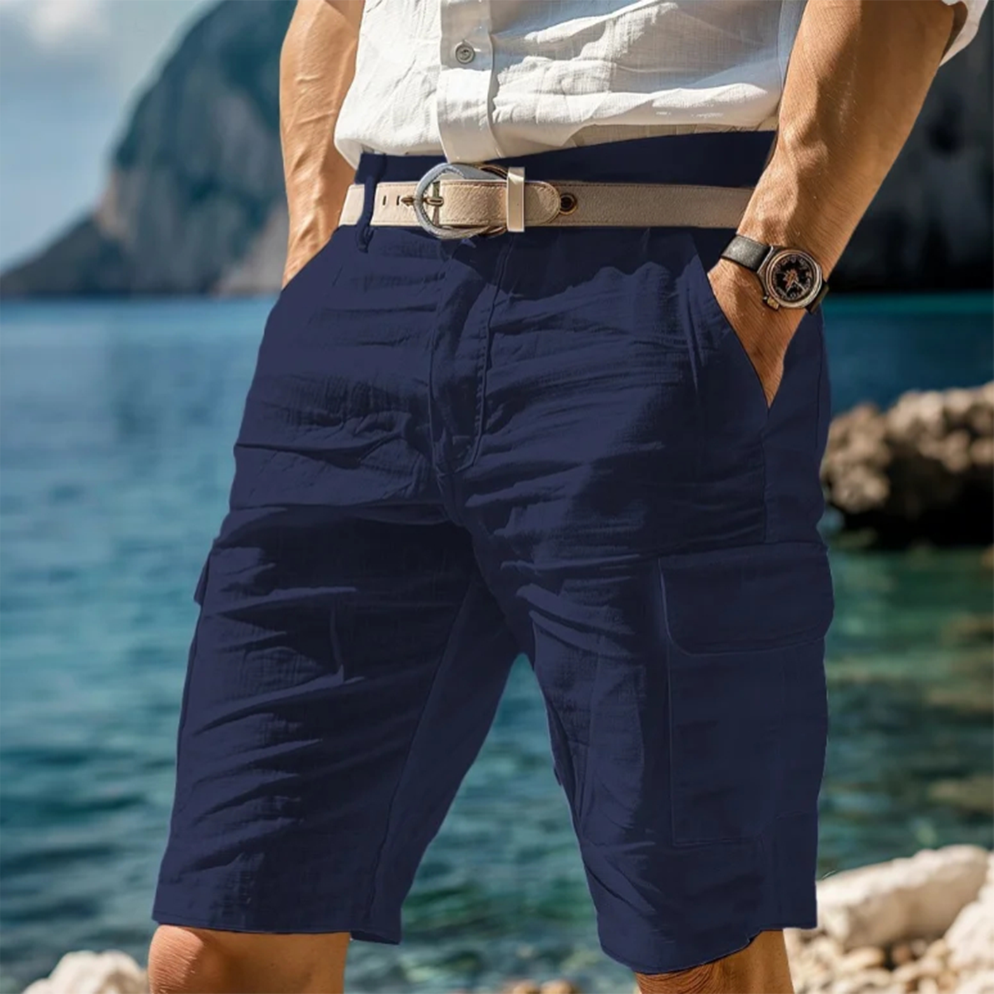 Men's Vintage Navy Blue Cargo Shorts With Casual Style