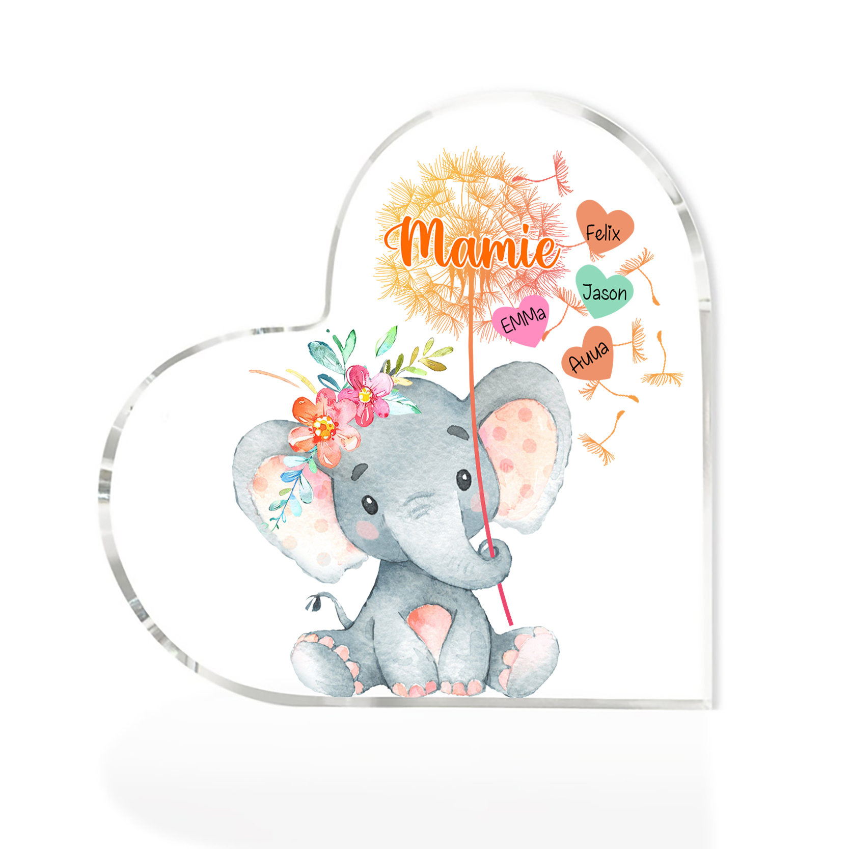 À ma Mamie - Plaque Acrylique Éléphant en Forme de Cœur 4 Prénoms Personnalisés