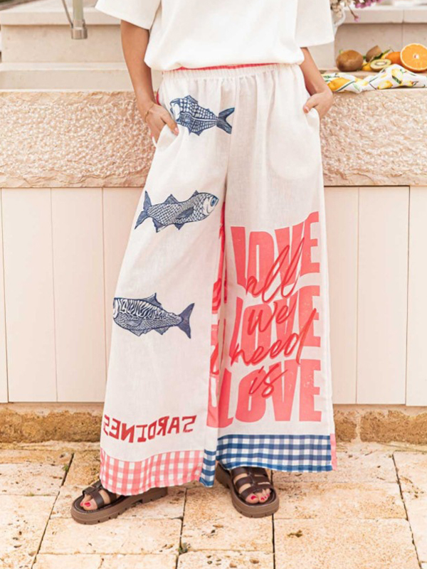 Fish Print Red Text Pattern Wide Leg Pants