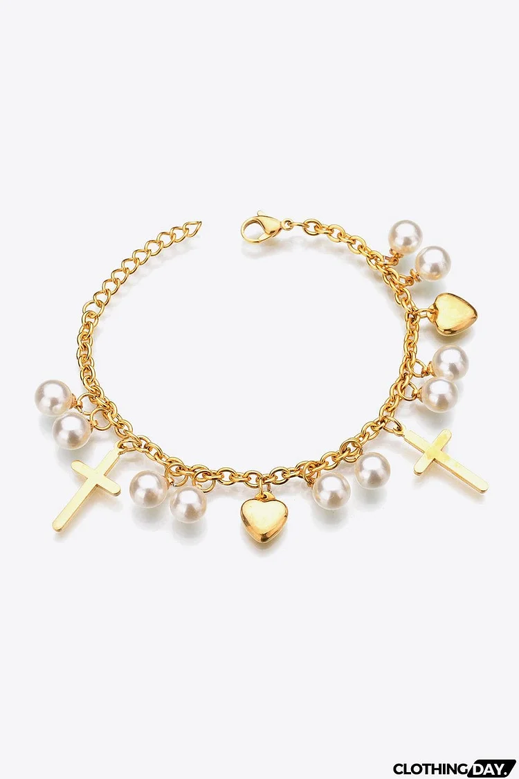 Heart Cross and Pearl Charm Stainless Steel Bracelet