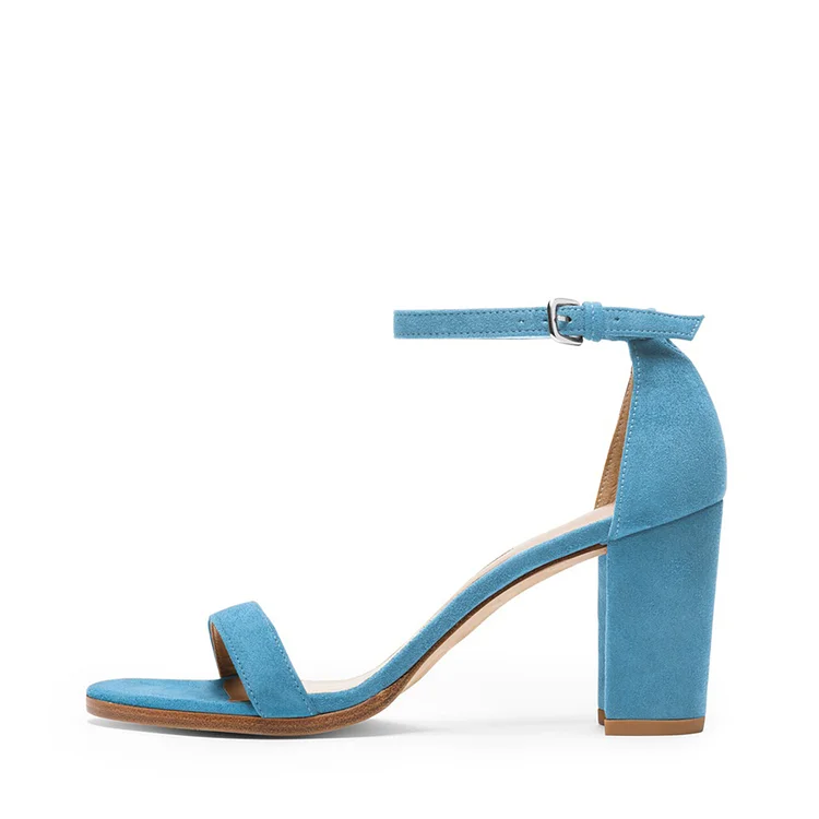Blue Suede Open Toe Ankle Strap Block Heels for Ladies Vdcoo