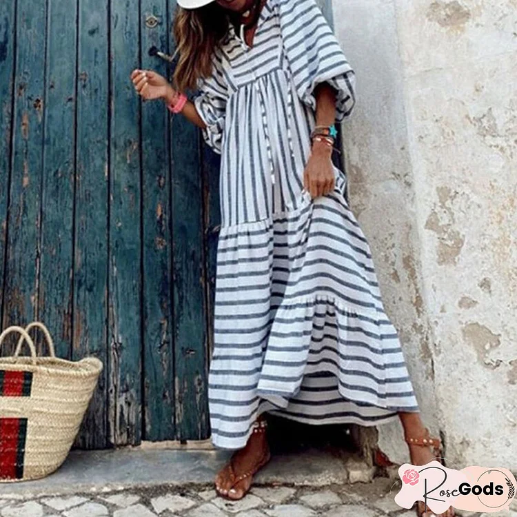 Fashion Hollow Out Lace-Up Loose Dress Women Casual Striped Print Lantern Long Sleeve Dress New Autumn Elegant A-Line Long Dress