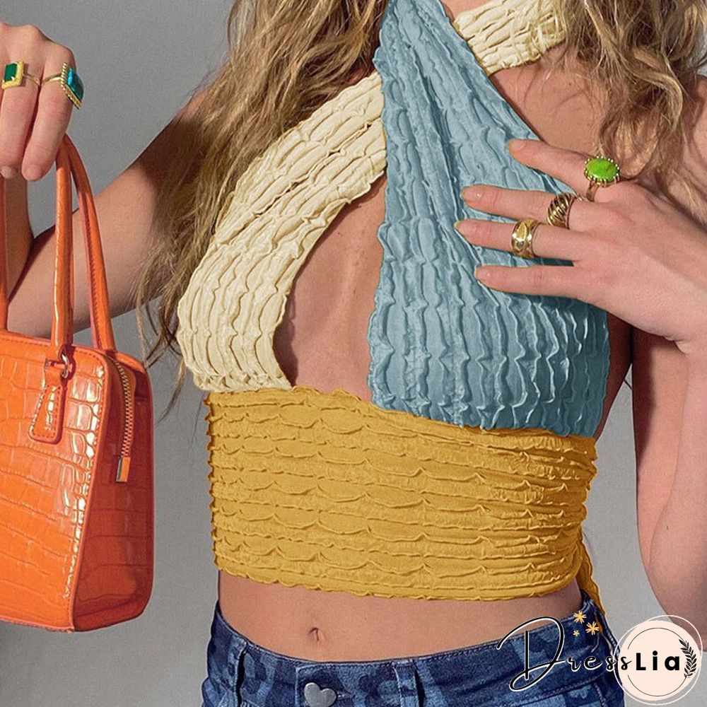 Cotton Patchwork Hollow Out Knit Crop Top Women Halter Neck Summer Sleeveless Backless