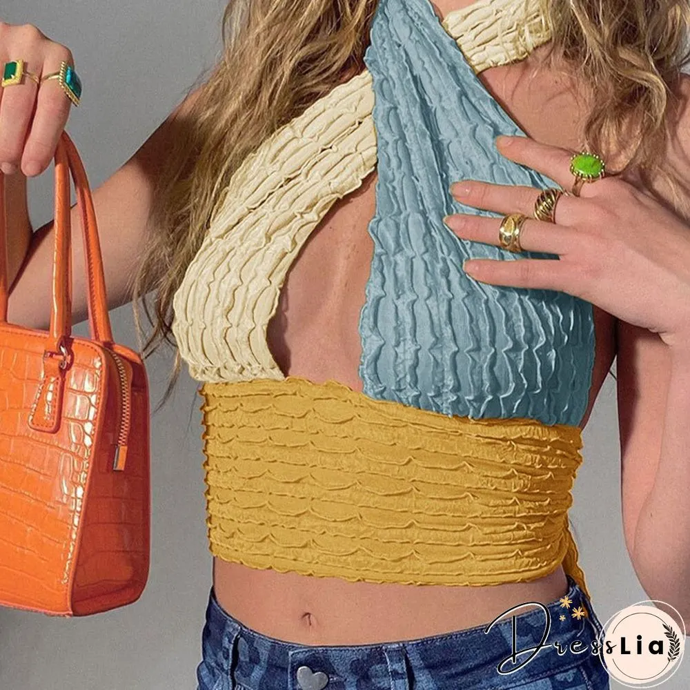 Cotton Patchwork Hollow Out Knit Crop Top Women Halter Neck Summer Sleeveless Backless