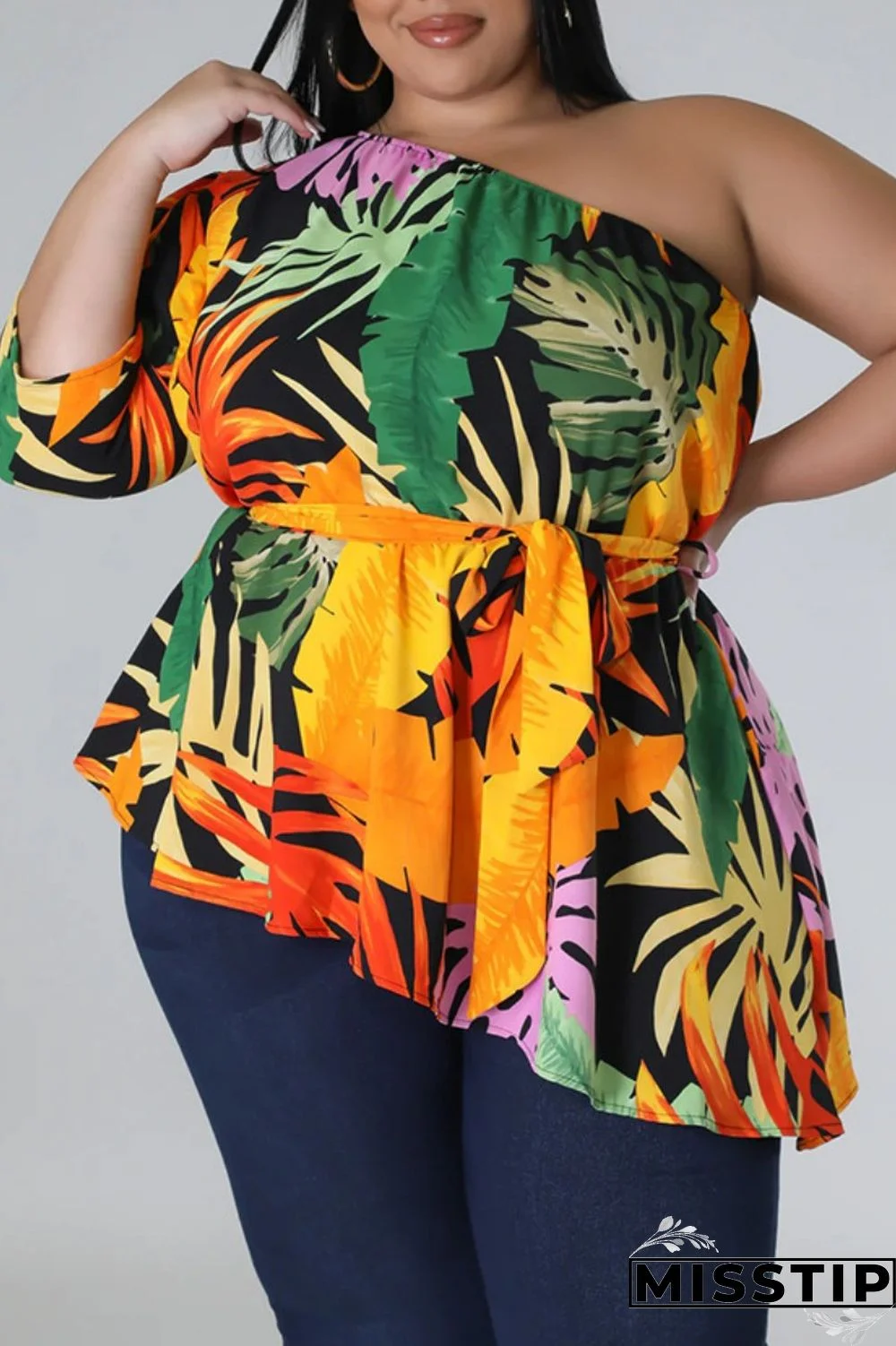 Black Yellow Casual Print Backless Oblique Collar Plus Size Tops