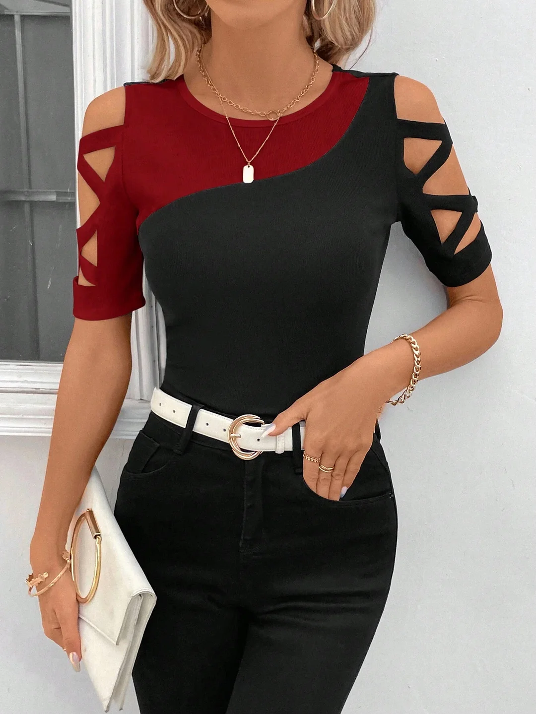 Women's New Design Contrast Color Block Cross Off Shoulder Slim Short Sleeve T-shirt Blouses