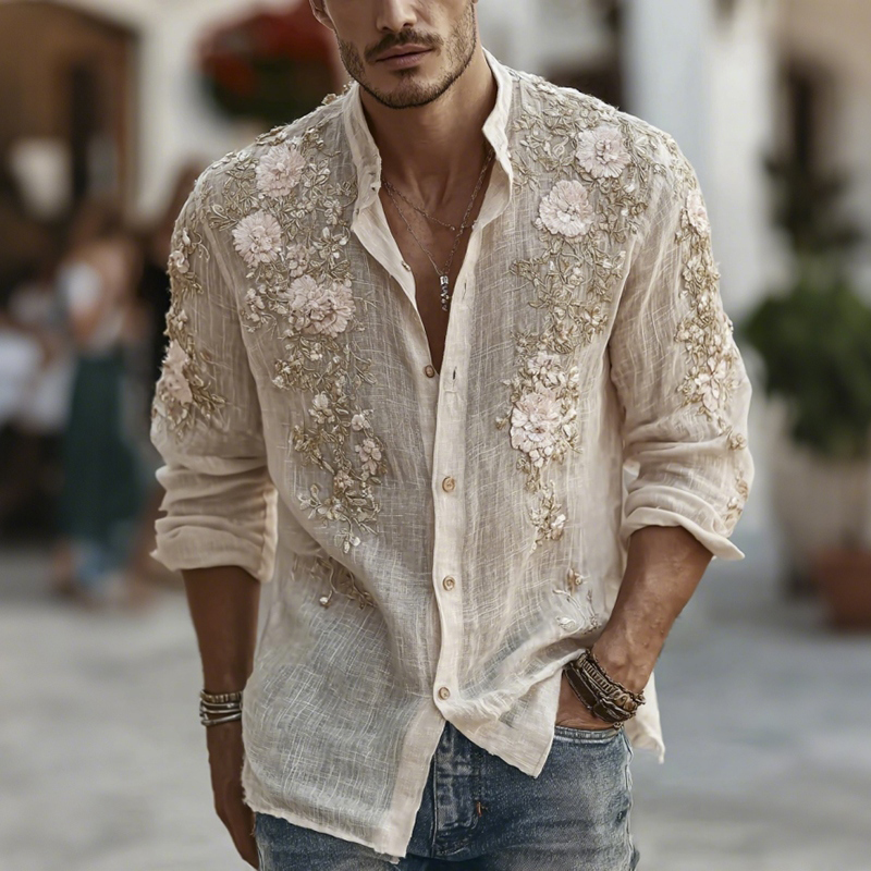 Men's Japanese-style Floral Art Casual Linen Shirt  artssus