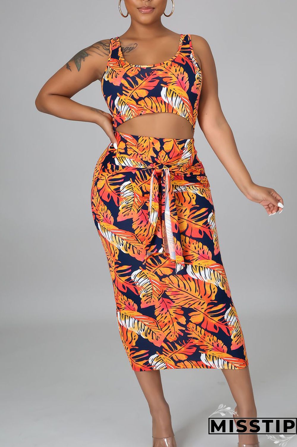 Orange Yellow Casual Print Bandage Patchwork U Neck Sleeveless Two Pieces