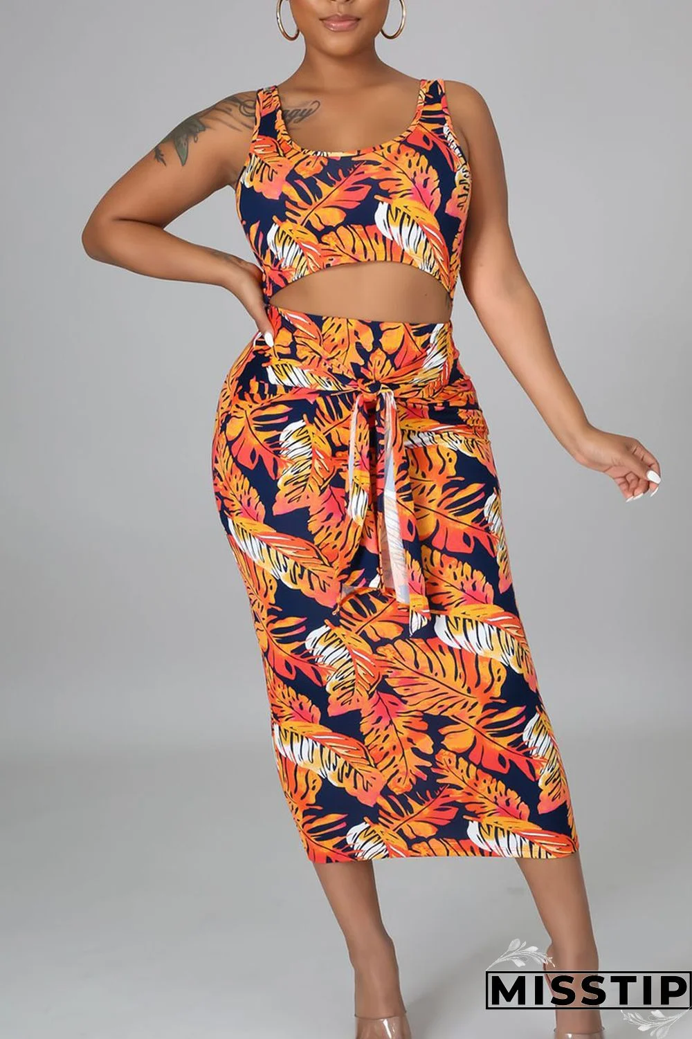 Orange Yellow Casual Print Bandage Patchwork U Neck Sleeveless Two Pieces