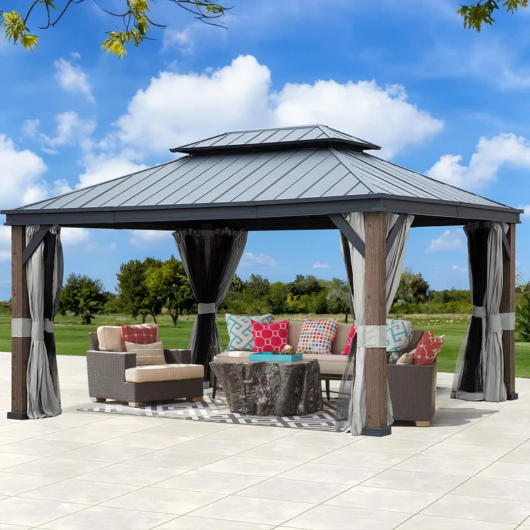 Outdoor 12x16 ft Wood-Grain Hardtop Gazebo | JOYSIDE