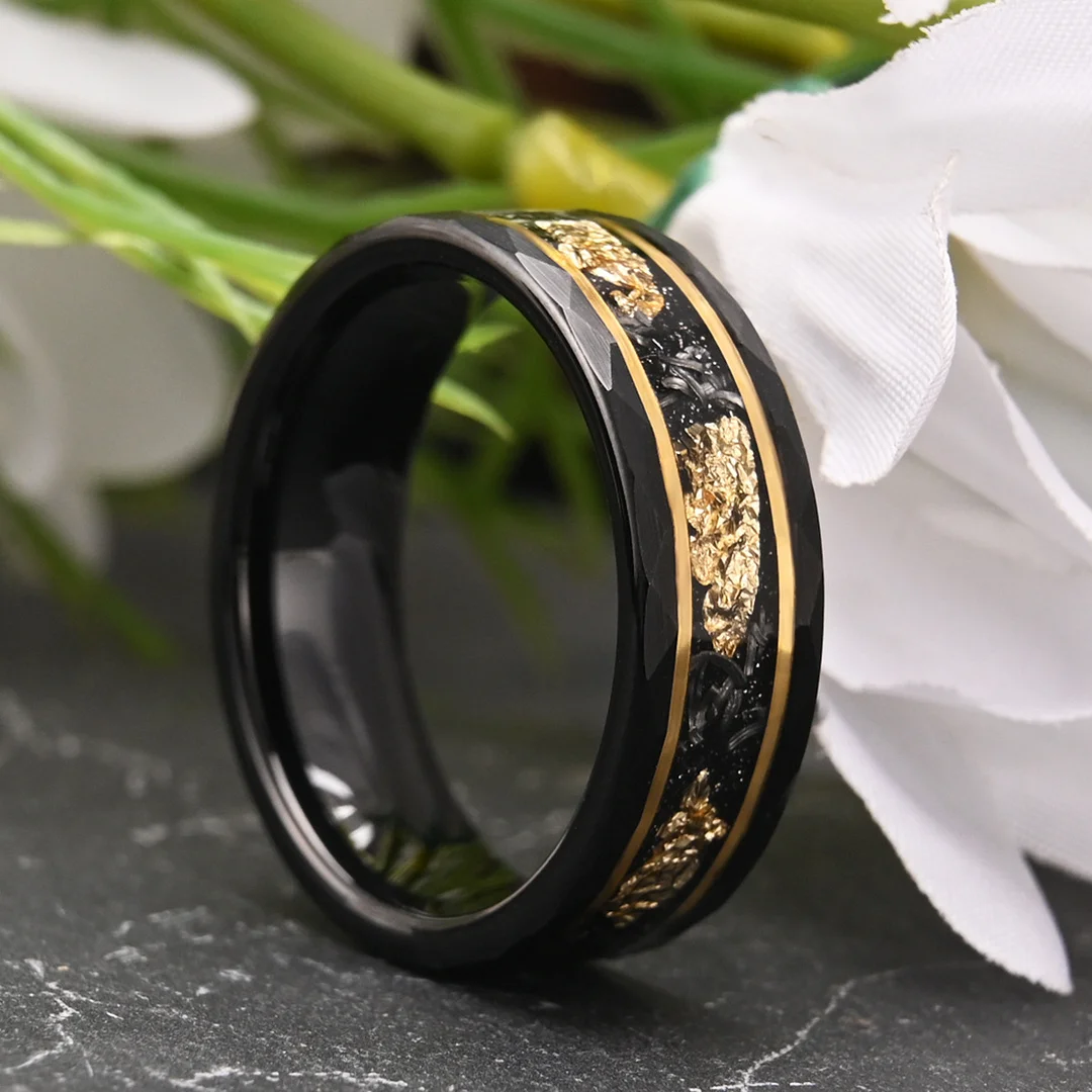 6MM 8MM Tungsten Carbide Wedding Rings Meteorite-set Gold Plate Flat Hammered Electrode Black Ring For Women And Men