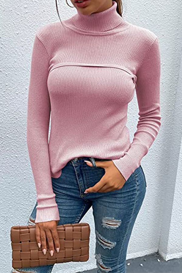 Casual Solid Split Joint Turtleneck Tops(5 Colors)