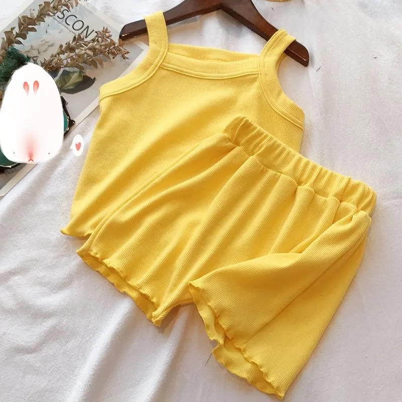 2PCS/Set Comfortable Sleeveless Tops+Pant Kids Clothes Solid Colors Boy Clothing Set Toddler Boy Girls Vest Child Pajama Summer