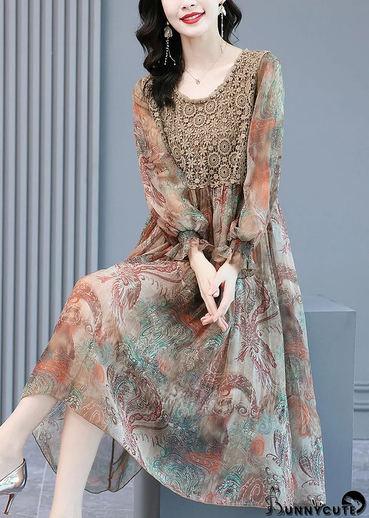 Fitted O-Neck Print Lace Patchwork Chiffon Party Dress lantern sleeve