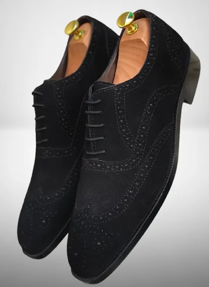 Handmade Men black suede wingtip brogue dress shoes, Men black lace up shoe