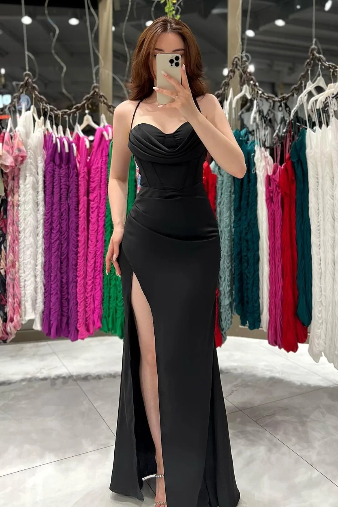 Black Evening Dress Gown Spaghetti Strap With High Slit YL0247