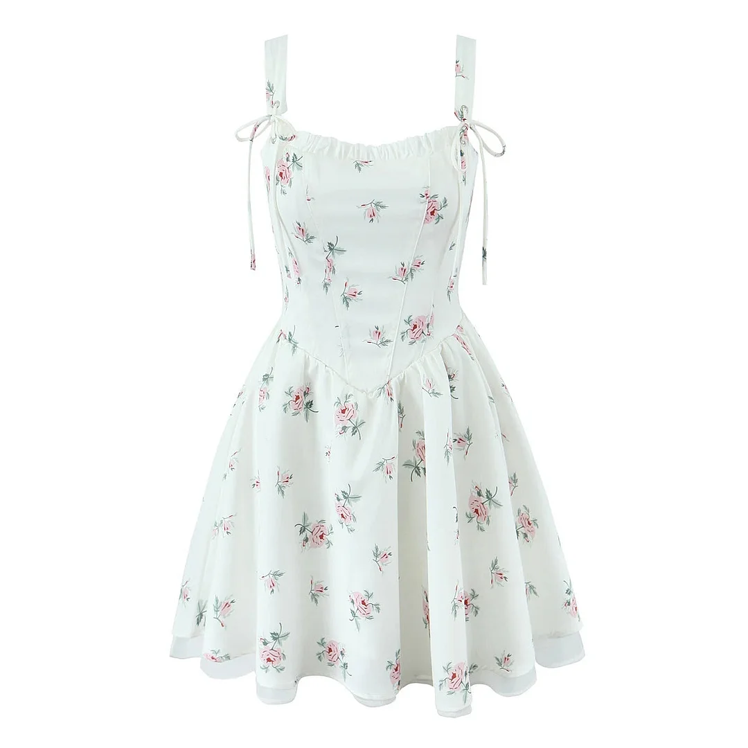 Toloer White Floral Print Bow Strap Chiffon Mini Dress-Outfit Ideas