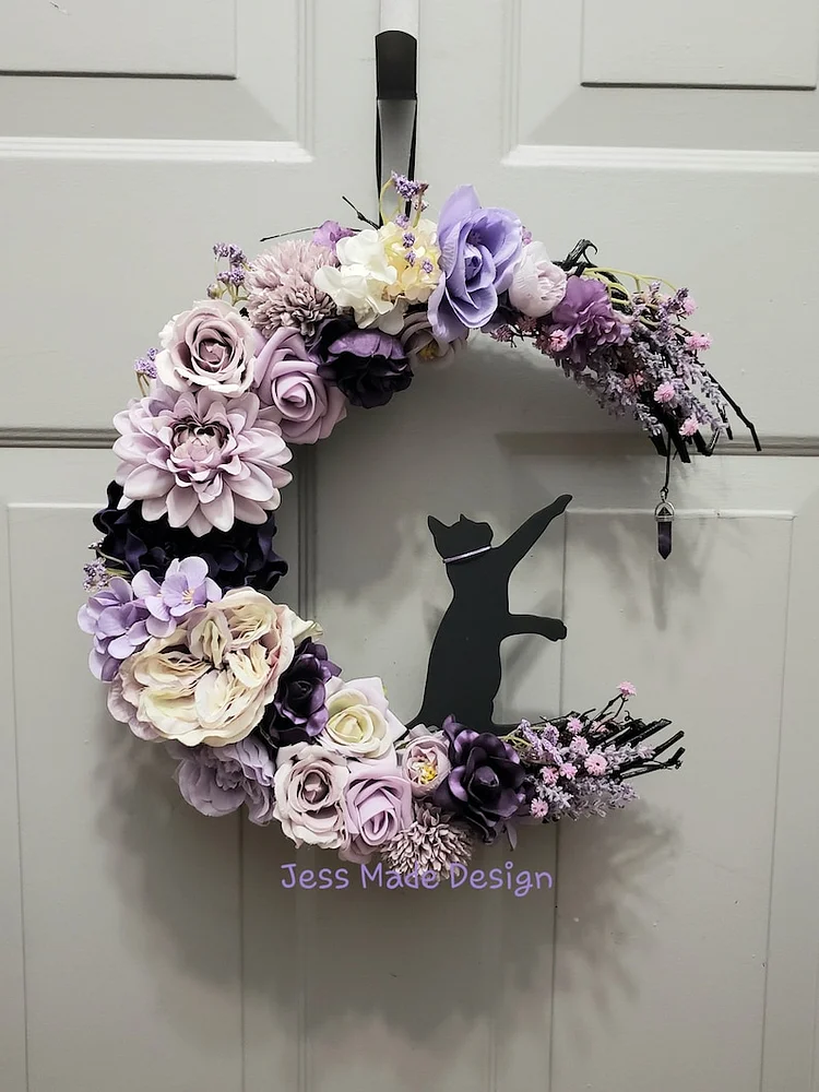 Crescent Moon Wreath, Black Cat Decor, Witchy Moon Wreath, Spring Home Decor, Gothic Wall Decor, Purple Door Wreath, Birthday gift, 14"