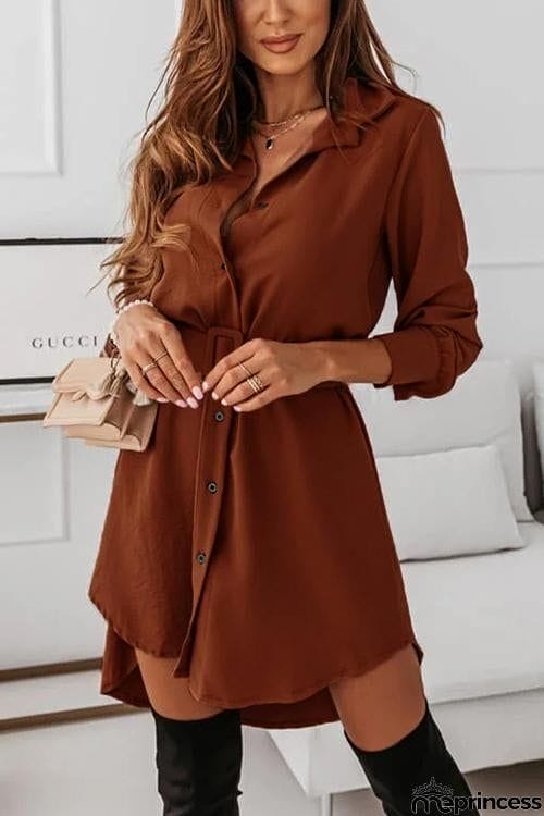 Button Long Sleeve Shirt Mini Dress With Belt