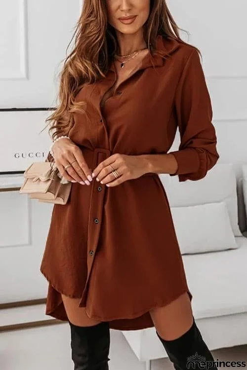 Button Long Sleeve Shirt Mini Dress With Belt