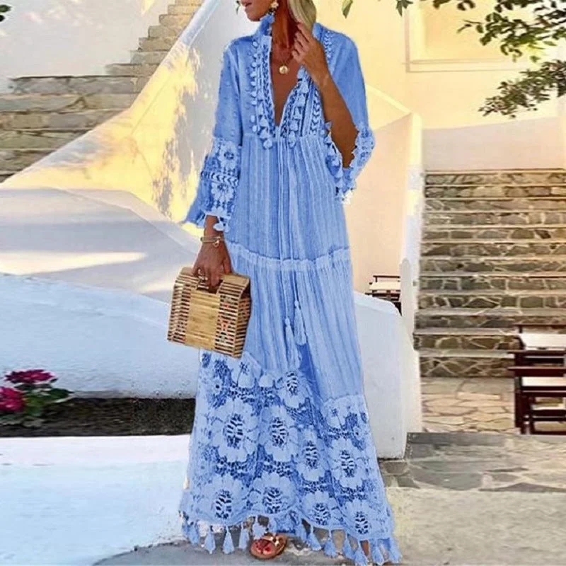 Uveng Bohemian Lace Tassel Stitching Beach Vacation Temperament Long Dresses