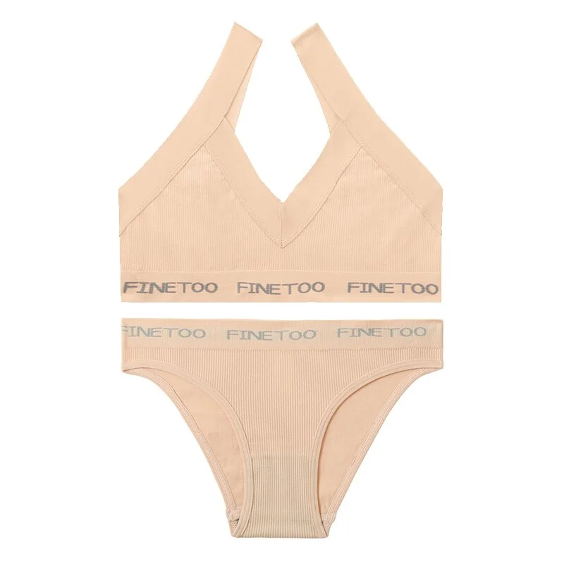 FINETOO Seamless Bra Set Women Deep V Tops Fashion Letter Panties M-XL Ladies Underwear Suit Tube Top Female Briefs Lingerie Set