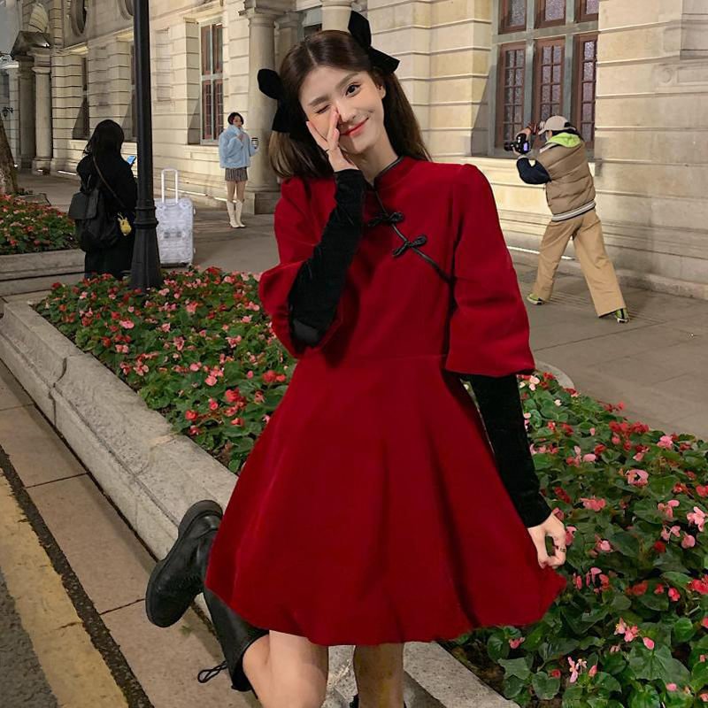 Long Sleeve Dress Plus Size 5XL Solid Mandarin Collar Cheongsam Mini Korean Sweet Style High Street Vintage Design Chic Stylish