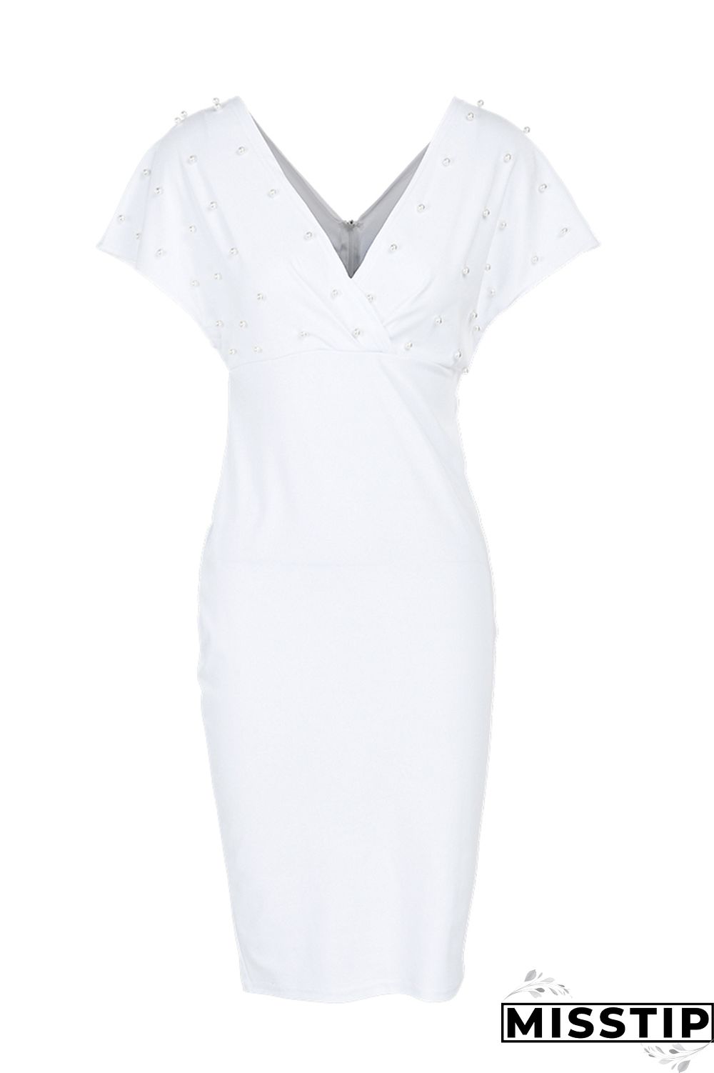 Light Blue Fashion Solid Beading V Neck Short Sleeve Dress